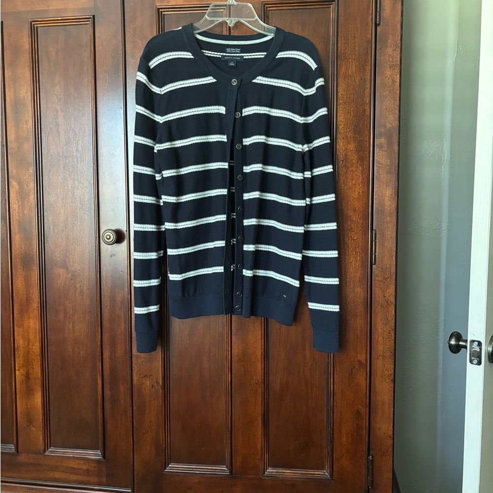 Navy and White Striped Cardigan Sweater